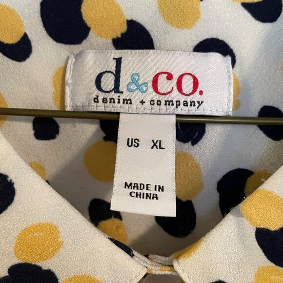 Denim & Co. Stretch Crepe Printed Dot Point Collar Shirt Navy/Yellow XL - Picture 3 of 14